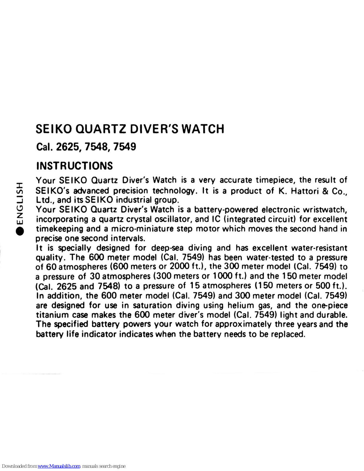 Seiko 2625,7548,7549 Instructions Manual