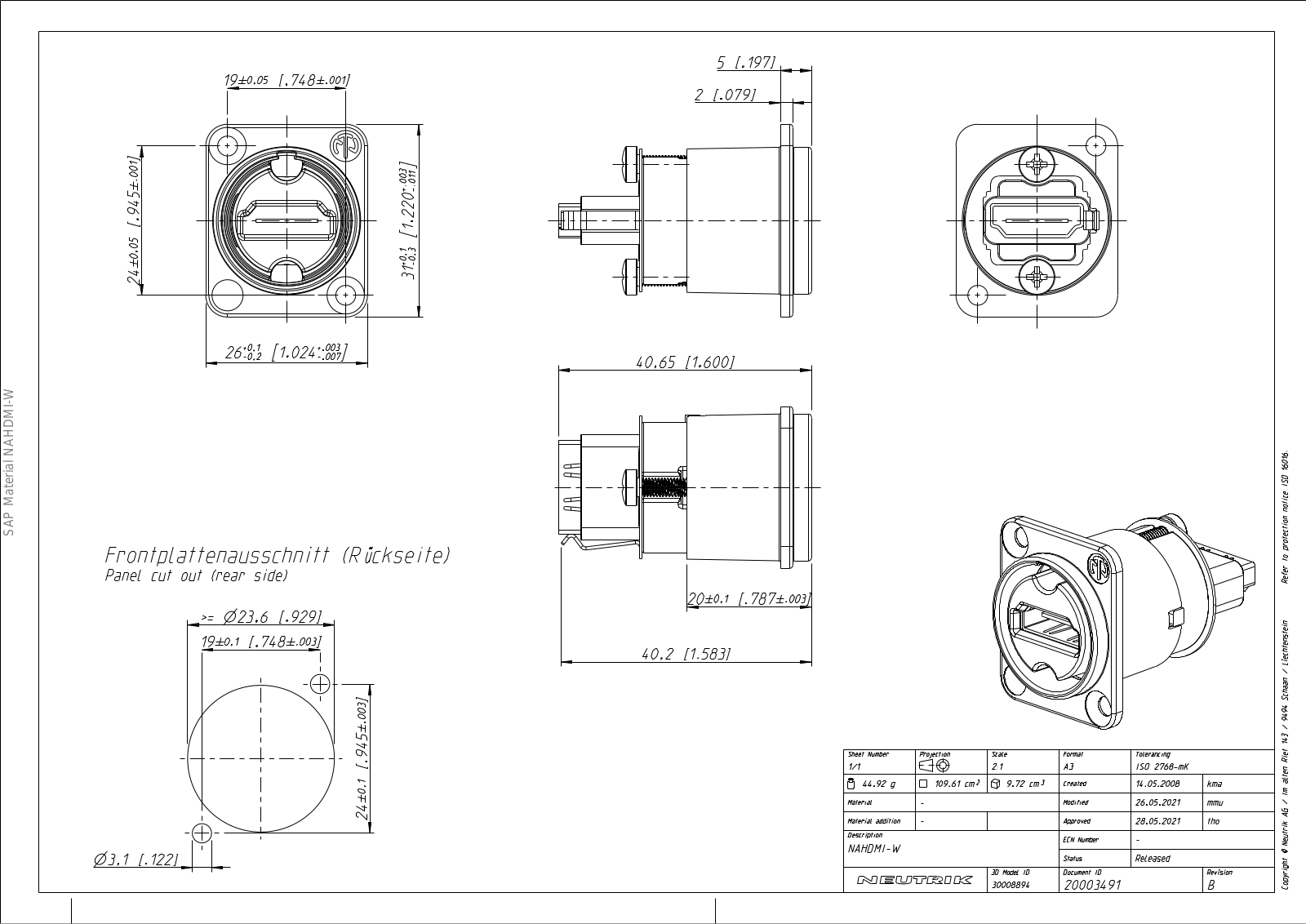 Neutrik NAHDMI-W Drawing manual