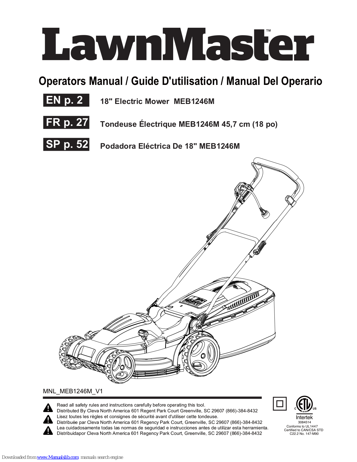 LawnMaster MEB1246M Operator's Manual