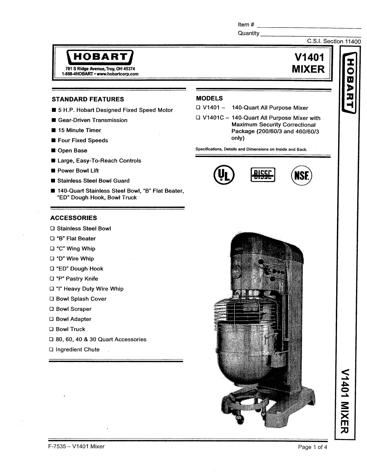 Hobart Food Machines V1401 User Manual