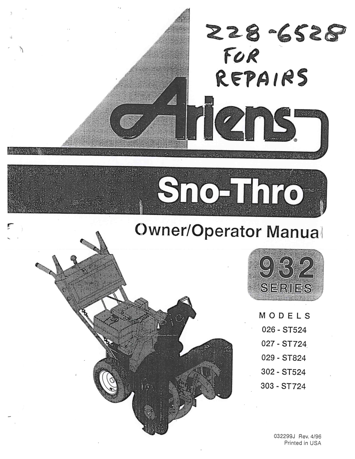 Ariens 302-ST524, 027-ST724, 026-ST524, 029-ST824, 303-ST724 User Manual