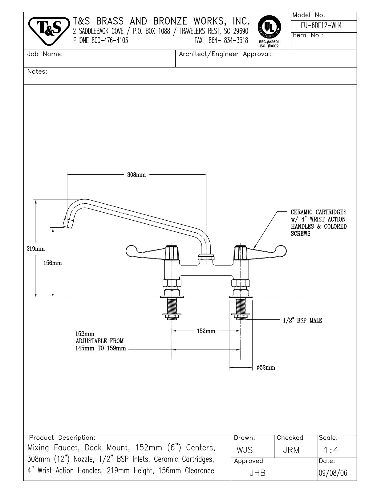 T&S Brass EU-6DF12-WH4 User Manual