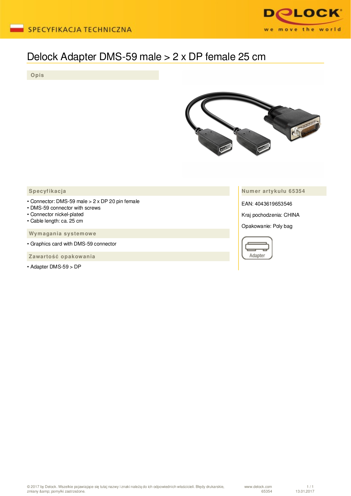 DeLOCK DMS-59 adapters, DMS-59 connectors on 2x DisplayPort socket User Manual