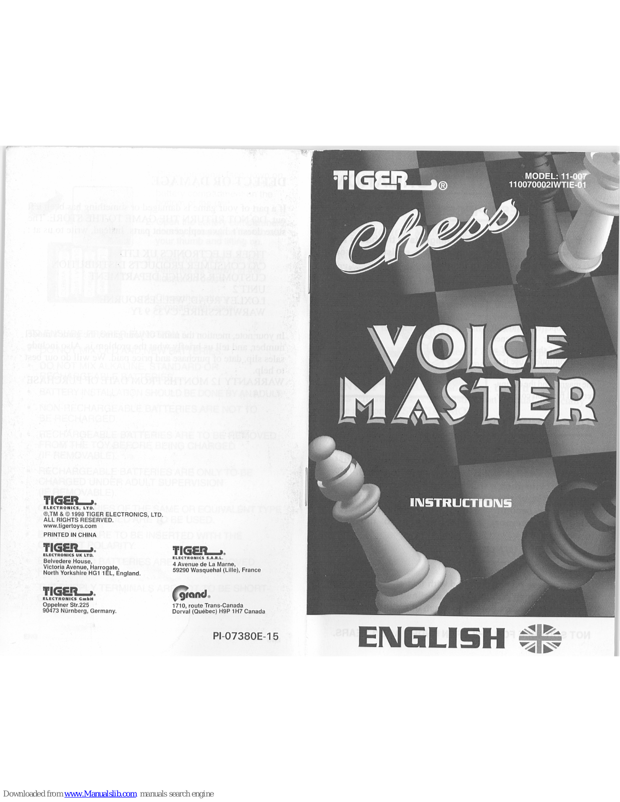 Tiger 11-007, Voice Master Chess 11-007 Instructions Manual