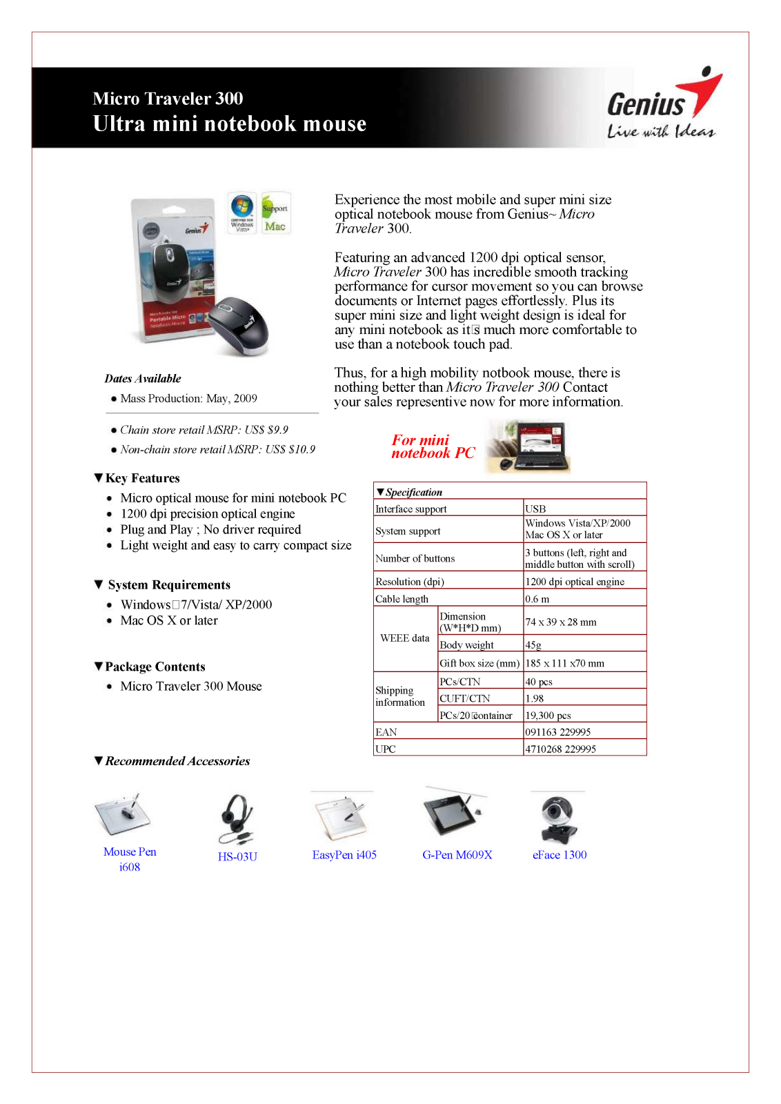 Genius MICRO TRAVELER 300 DATASHEET