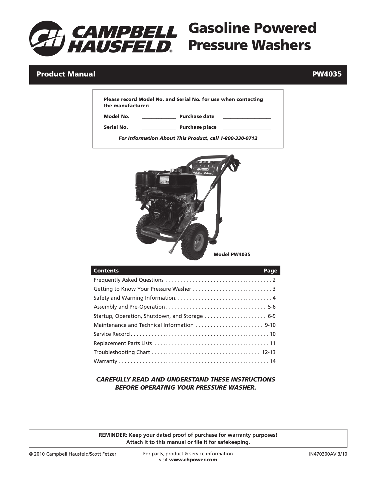 Campbell Hausfeld PW4035, IN470300AV User Manual