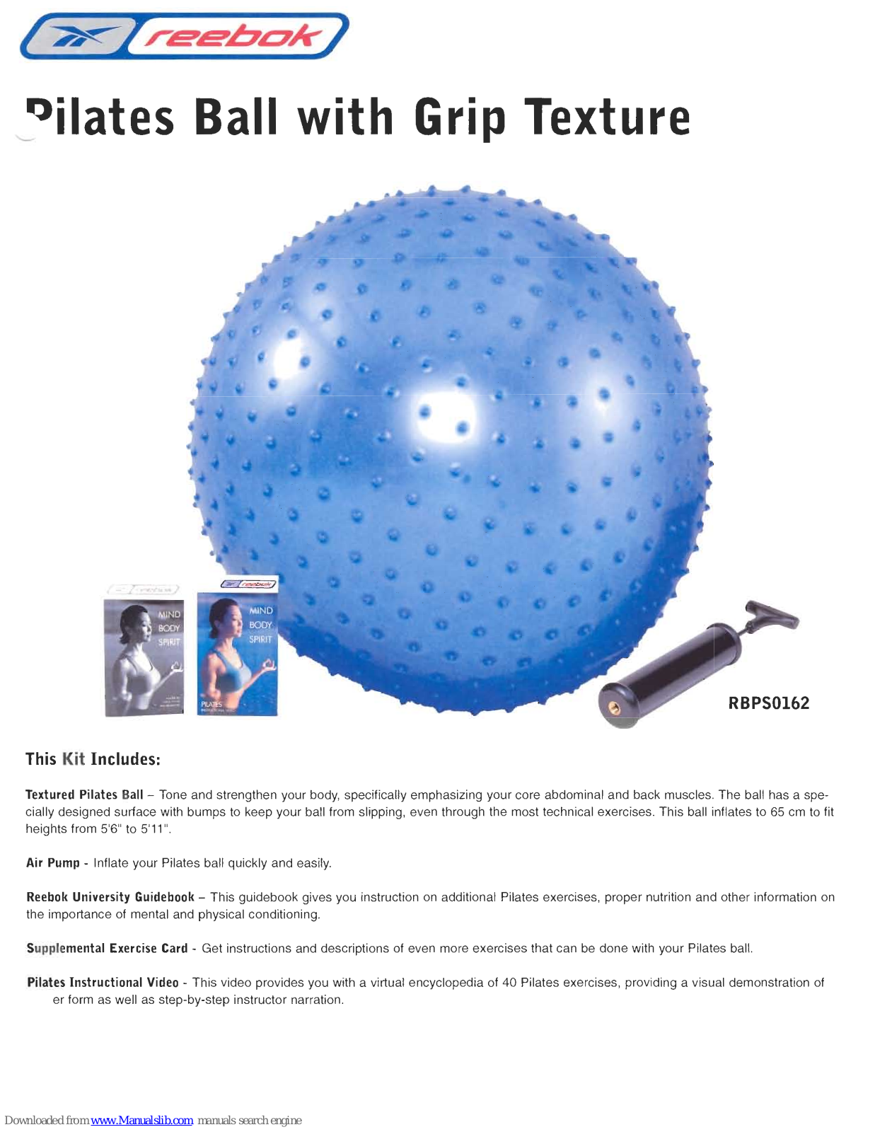 Reebok 65cm Massage Ball, PILATES BALL WITH GRIP TEXTURE User Manual