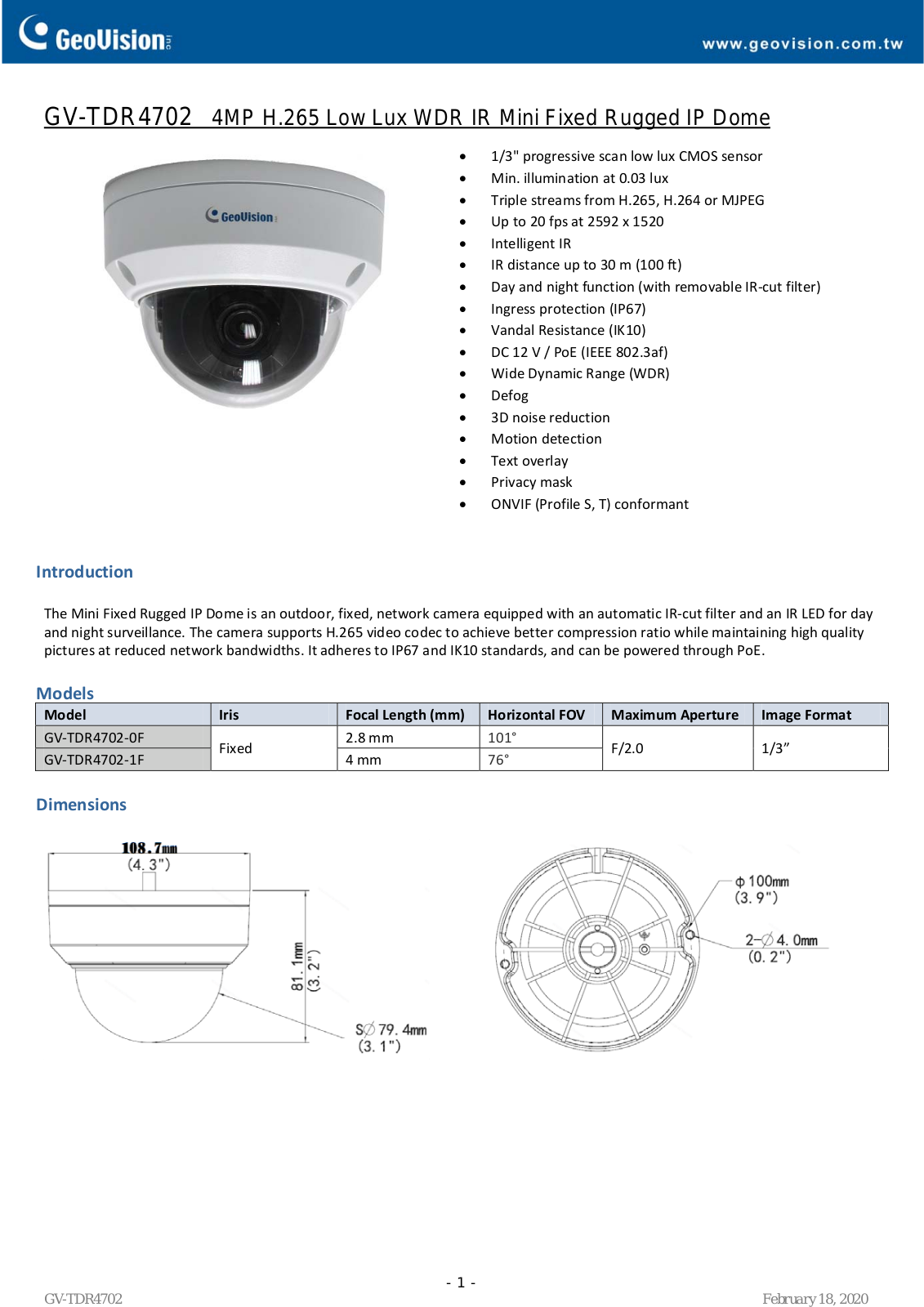 Geovision GV-TDR4702-0F Specsheet