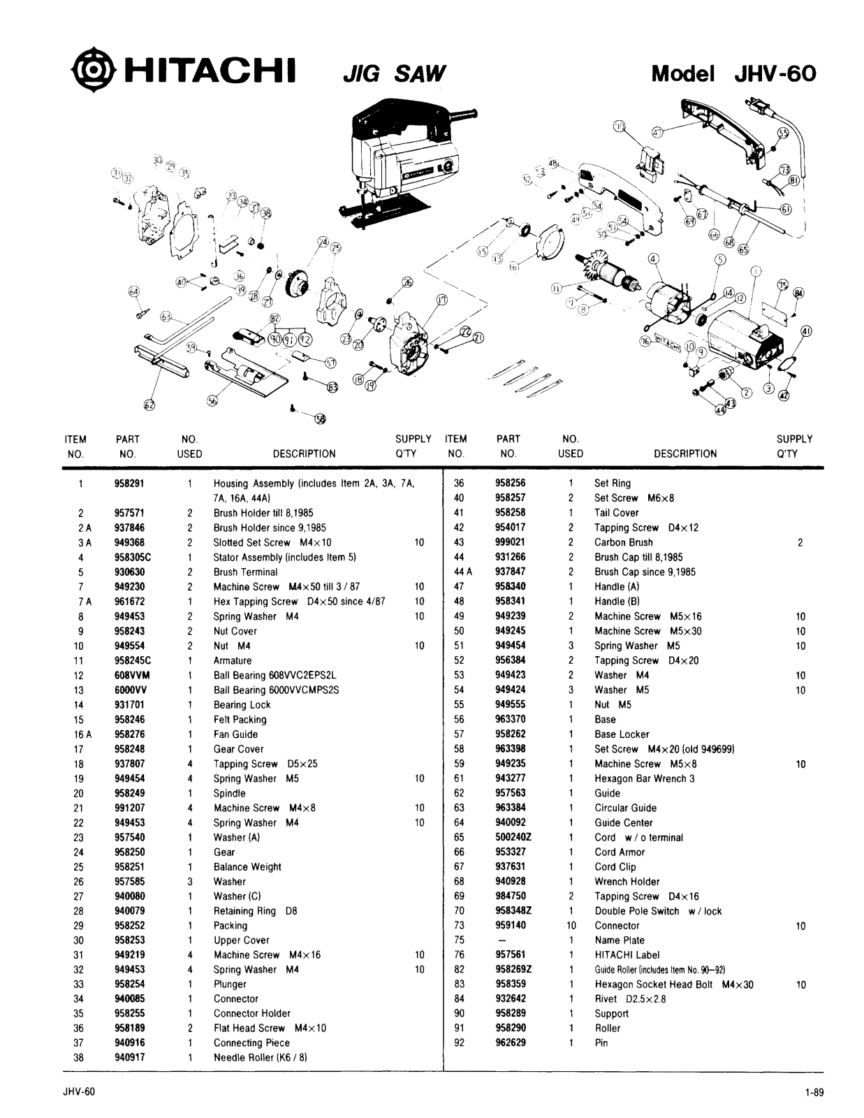 Hitachi JHV60 PARTS LIST