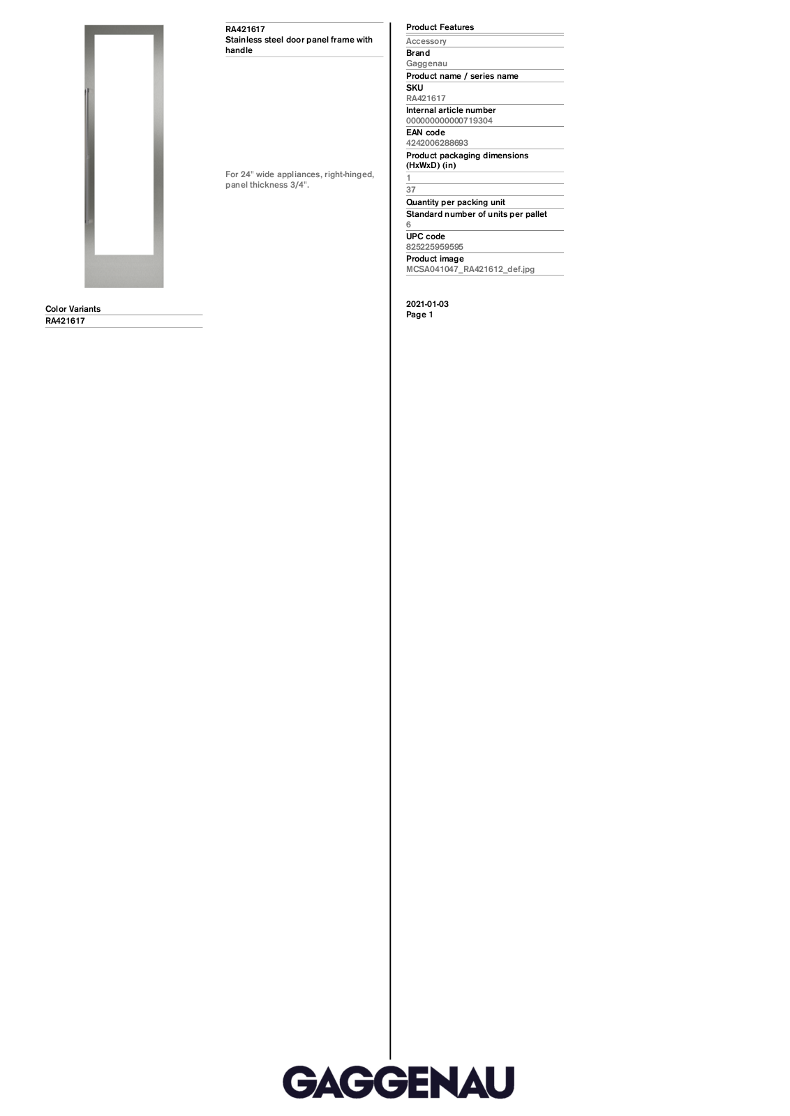 Gaggenau RA421617 Specification Sheet