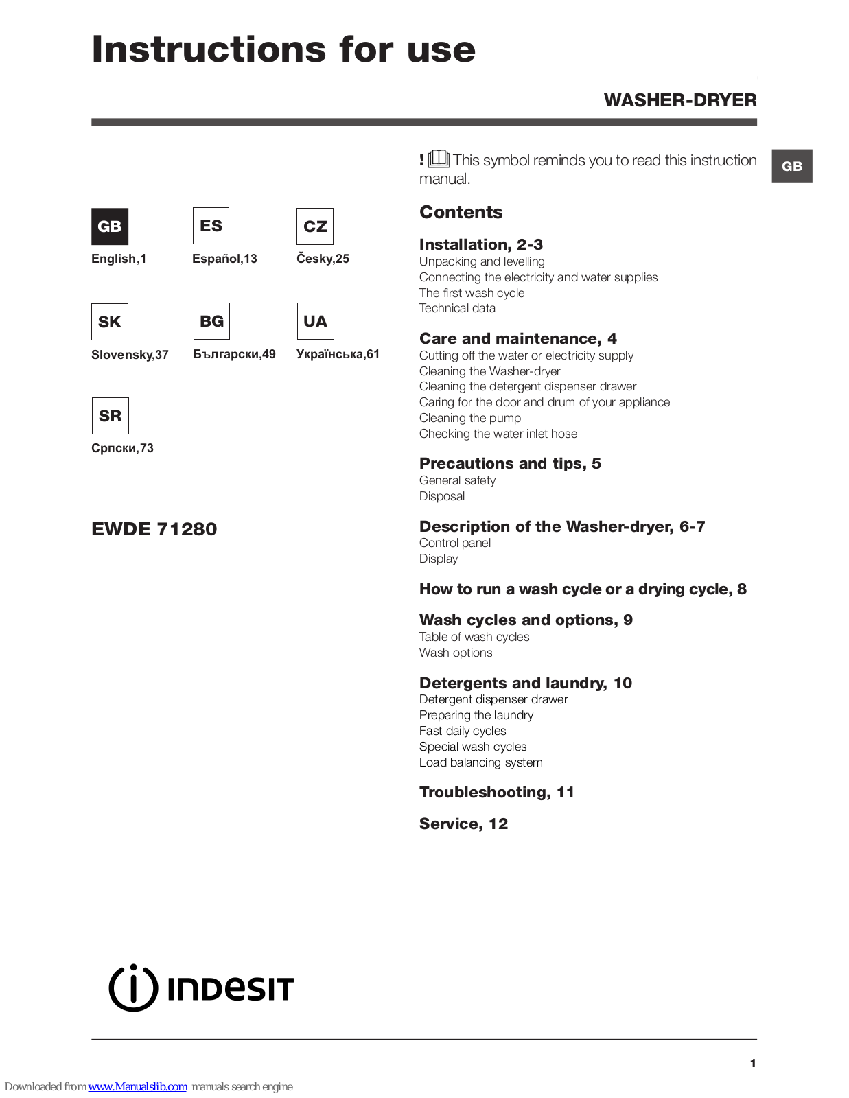 Indesit EWDE 71280 Instructions For Use Manual