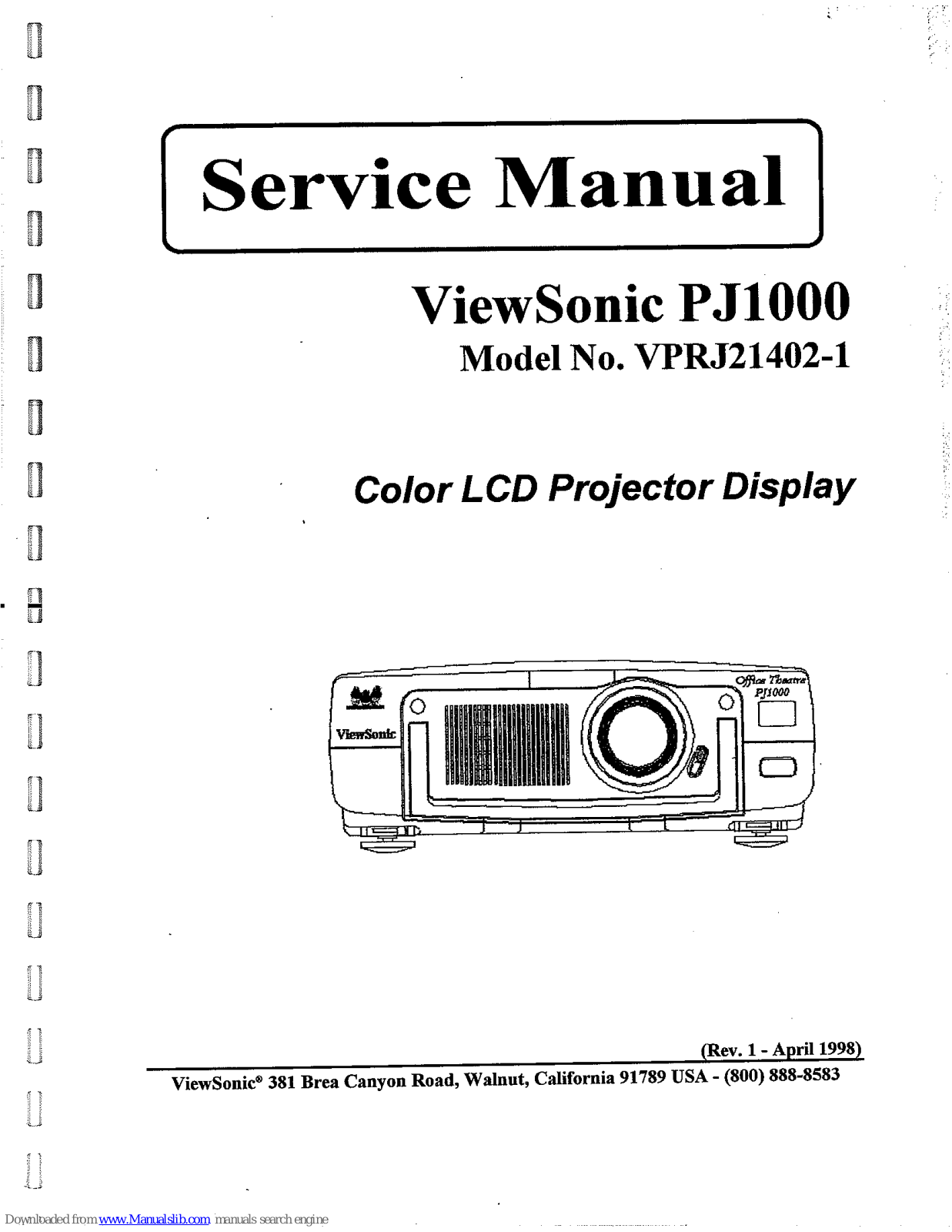 ViewSonic PJ1000 - LCD Projector, PJ1000, VPRJ21402-1 Service Manual