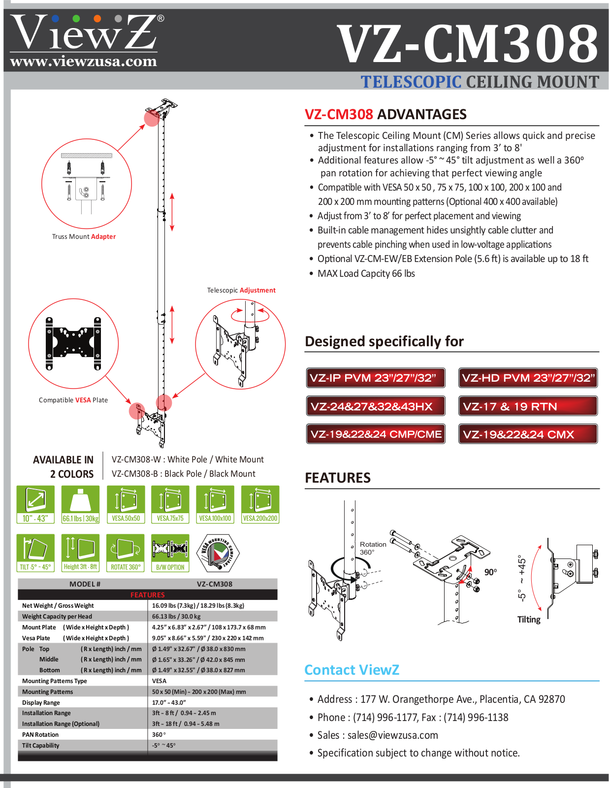 ViewZ VZ-CM308B, VZ-CM308W Specsheet