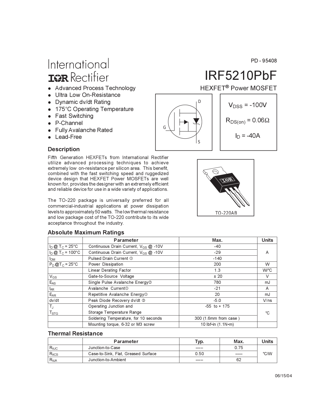 Datasheet IRF 5210PbF Datasheet - ManualMachine.com