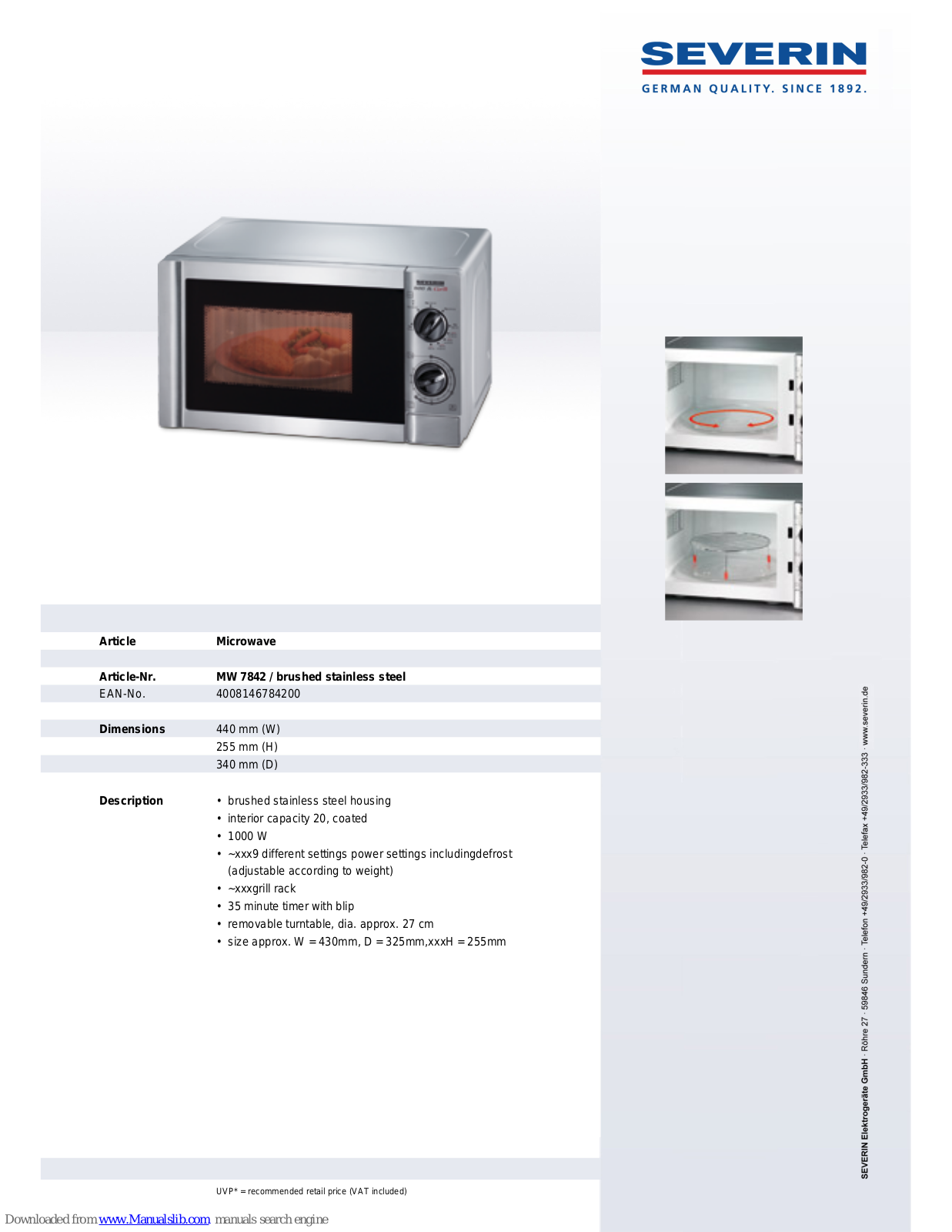 SEVERIN MIKROWELLE MIT GRILL MW 7842, MW 7842 Dimensions