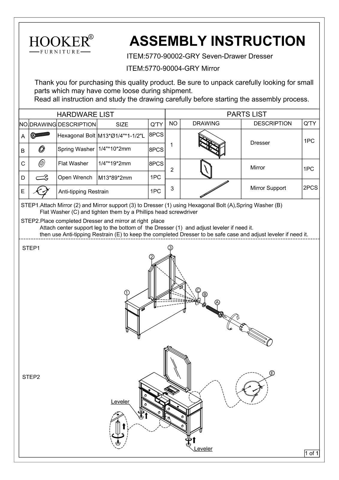 Hooker Furniture 577090002GRY, 577090004GRY Assembly Guide