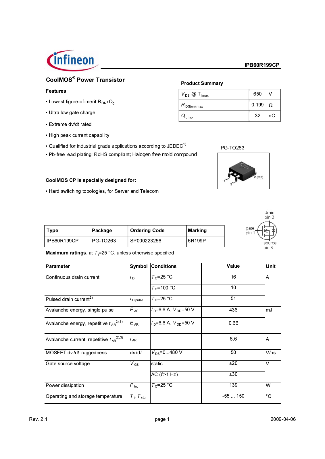 Datasheet ipb60r199cp_rev2.1a Datasheet - ManualMachine.com