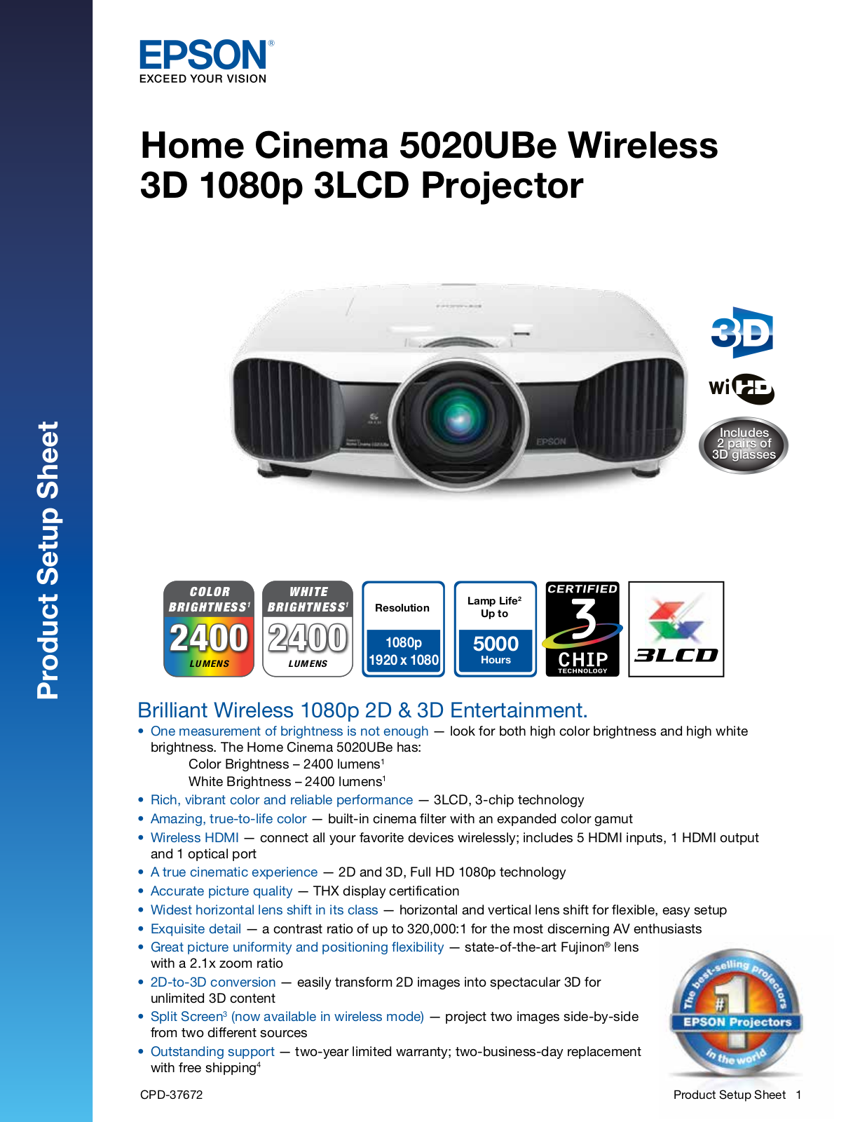 Epson PowerLite Home Cinema 5020UBe Product Sheet