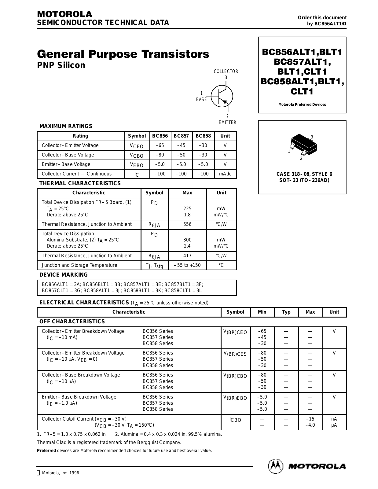 Motorola BC858CLT1, BC858ALT1, BC857CLT1, BC857BLT1, BC858BLT1 Datasheet