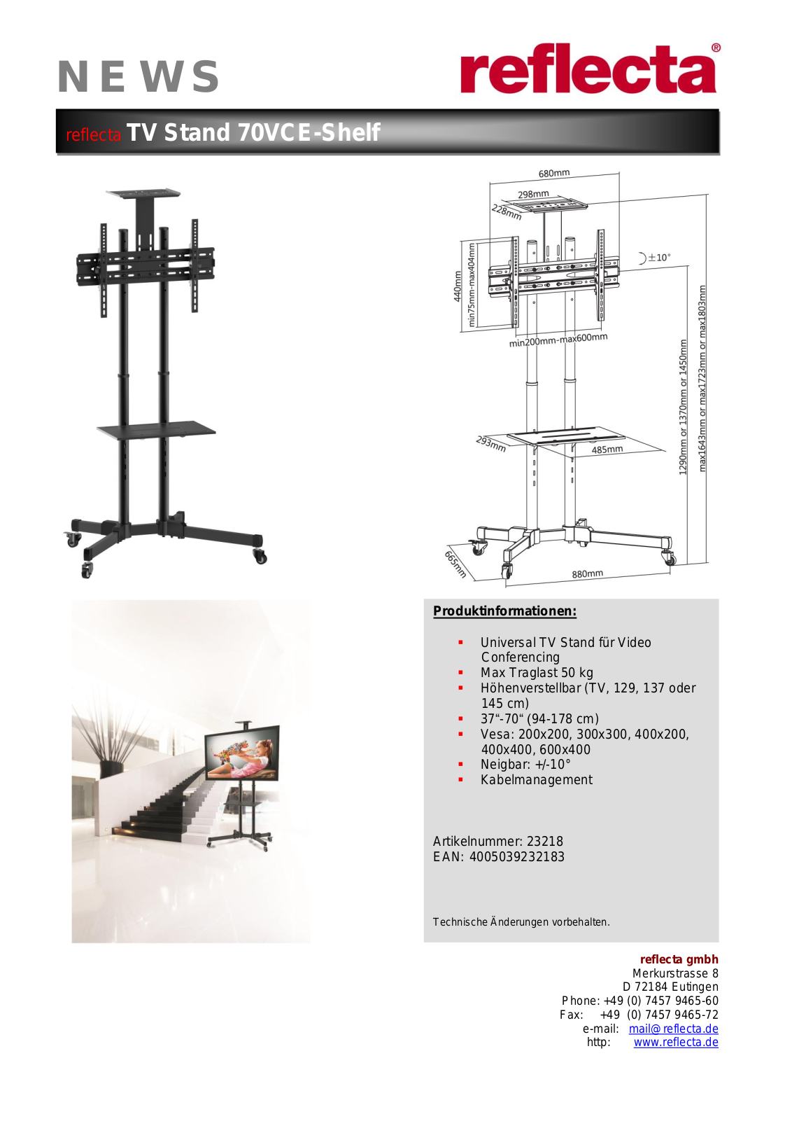 Reflecta TV Stand 70VCE-Shelf User Manual