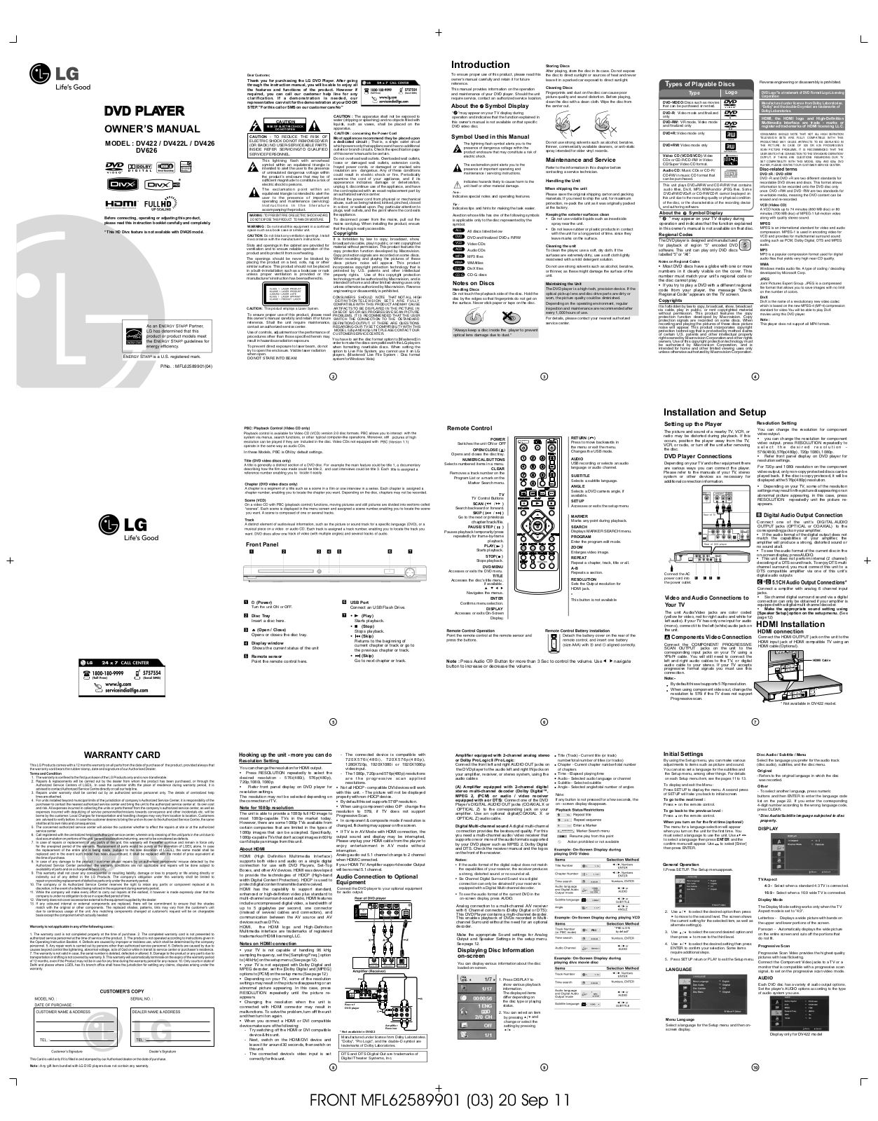 LG DV626, DV426, DV422L, DV422 User Manual