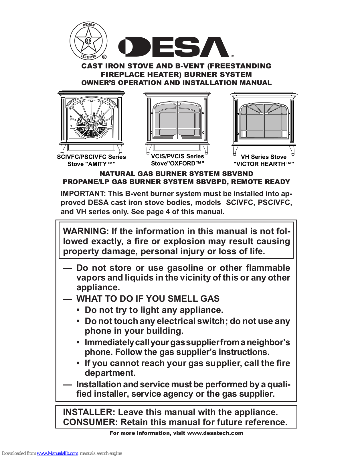 Desa AMITY SCIVFC Series, AMITY PSCIVFC Series, OXFORD VCIS Series, OXFORD PVCIS Series Owner's Operation And Installation Manual