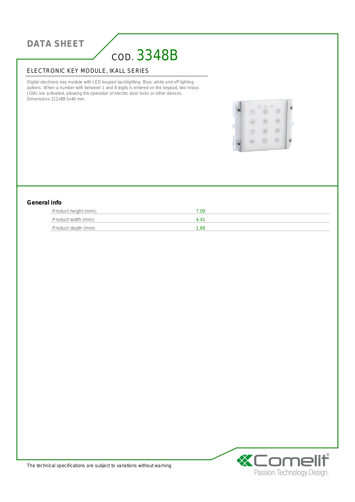 Comelit 3348B Specsheet