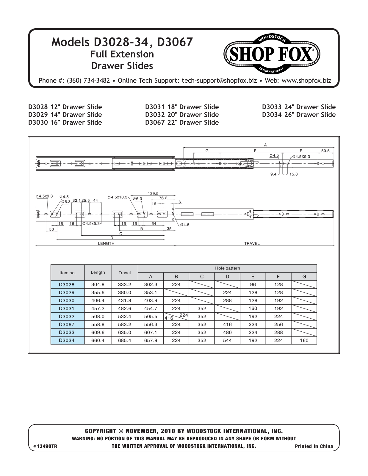 Woodstock D3028-34, D3067 User Manual