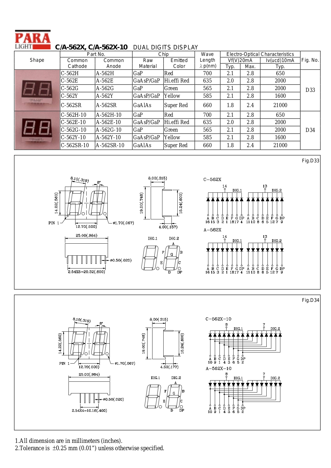 Datasheet C-562Y-10, C-562Y, C-562SR-10, C-562SR, C-562H Datasheet (PARA) - ManualMachine.com
