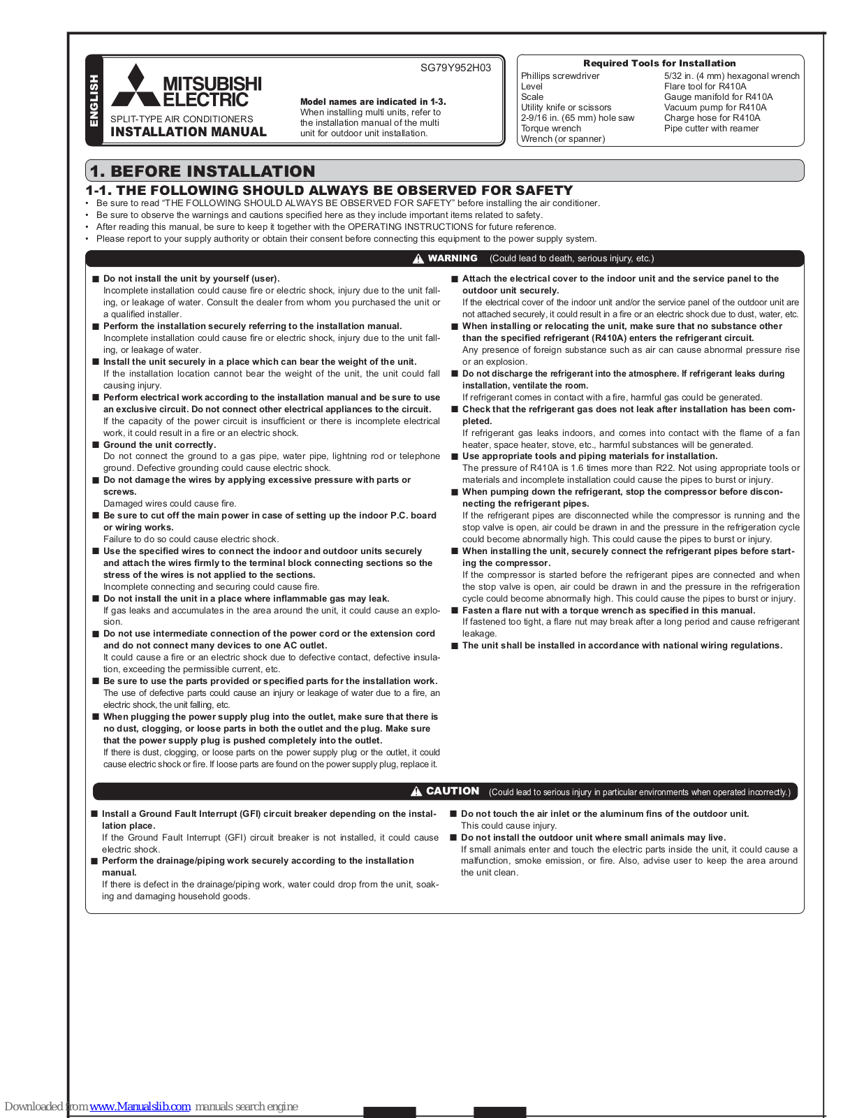 Mitsubishi Electric SG79Y952H03, MSZ-A09NA, MSZ-A12NA, MSZ-A15NA, MSZ-A17NA Installation Manual