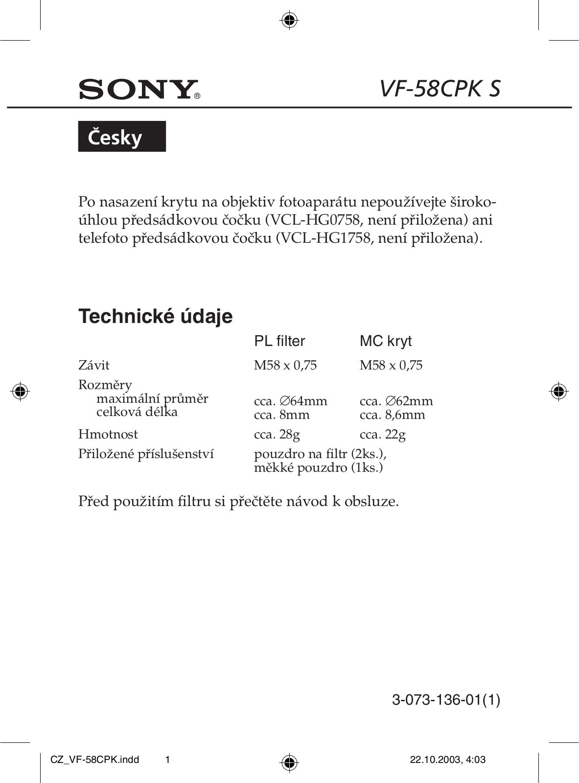 Sony VF-58CPKS User Manual