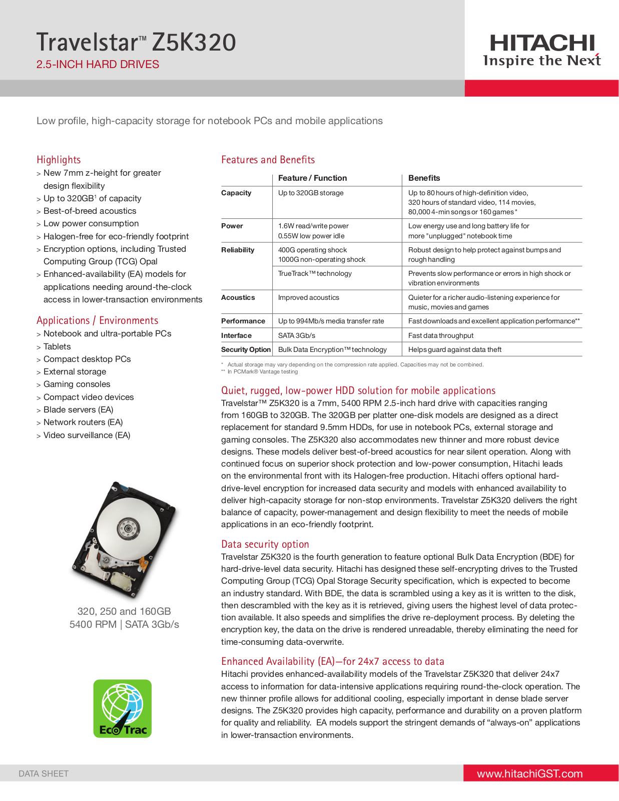 Hitachi HTS543216A7A384, HTS543232A7A385, HTS543225A7A385, HTS543216A7A385, HTE543232A7A384 DATASHEET