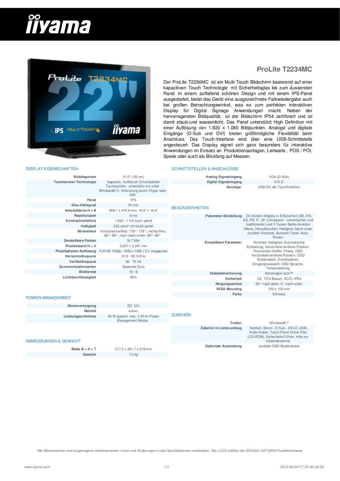 Iiyama PROLITE T2234MC User Manual