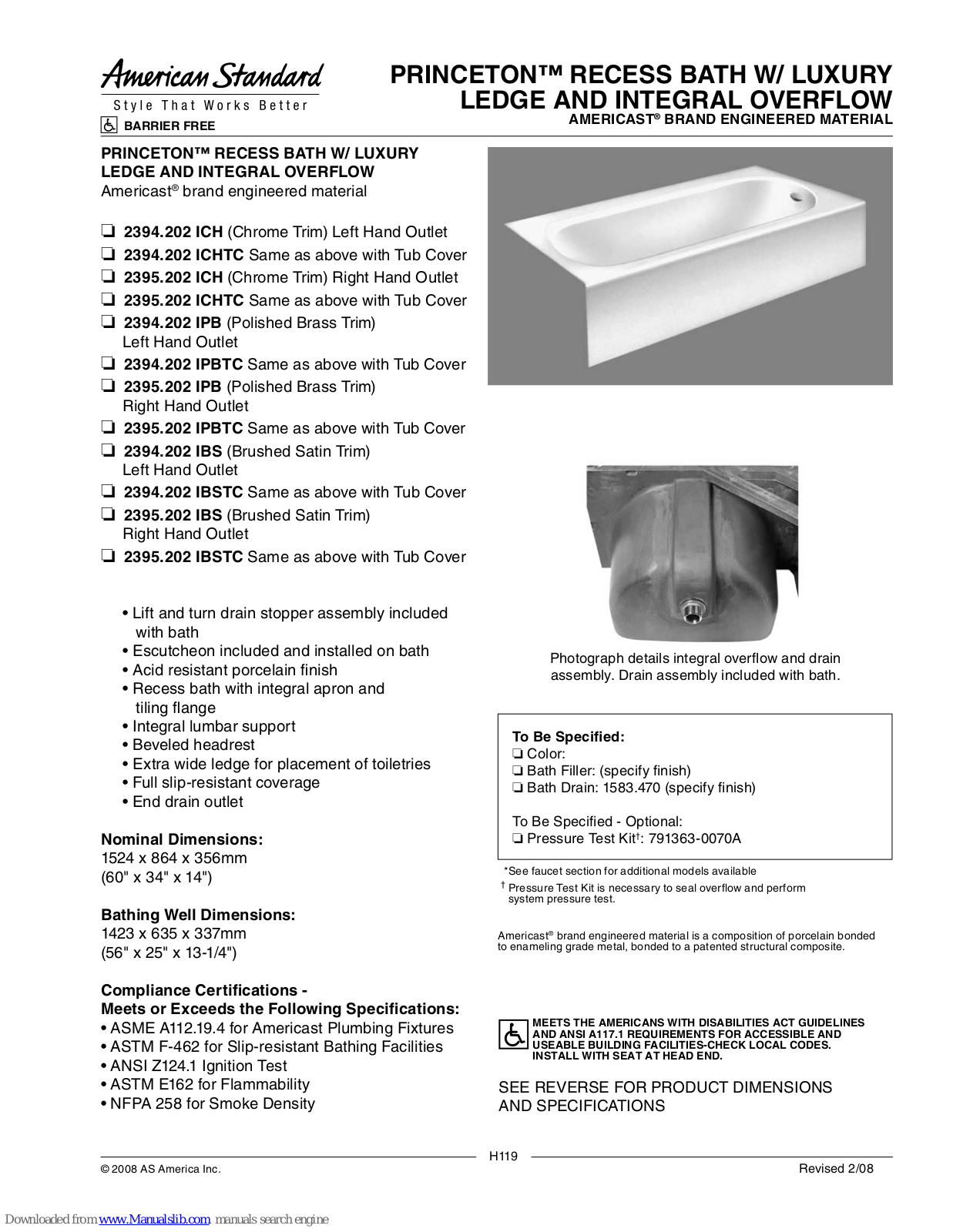 American Standard 2395.202 ICHTC, 2394.202 ICH, 2394.202 IPB, 2394.202 IPBTC, 2395.202 IPB Specifications