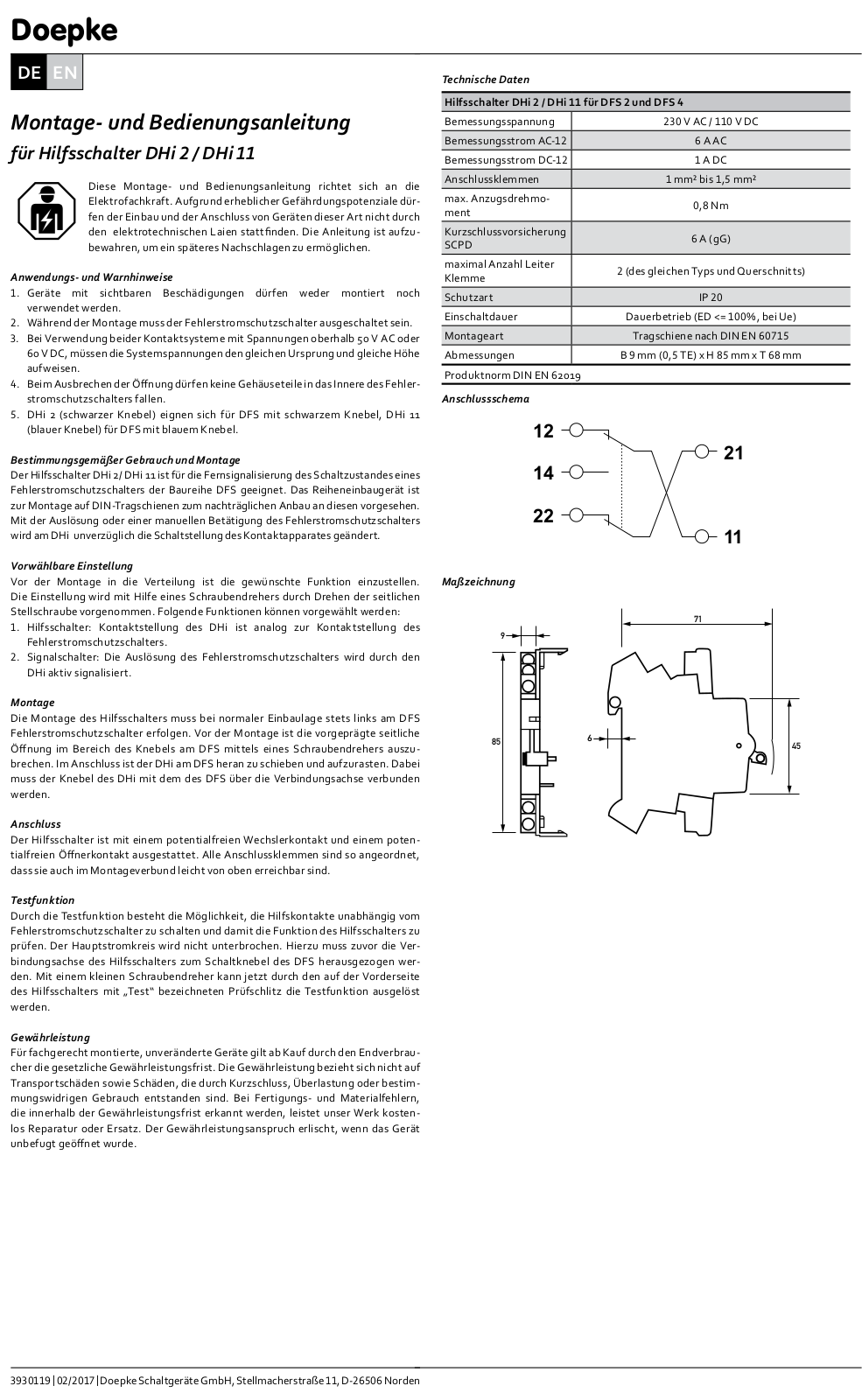 Doepke DHi 2, DHi 11 Installation And Operating Instructions Manual