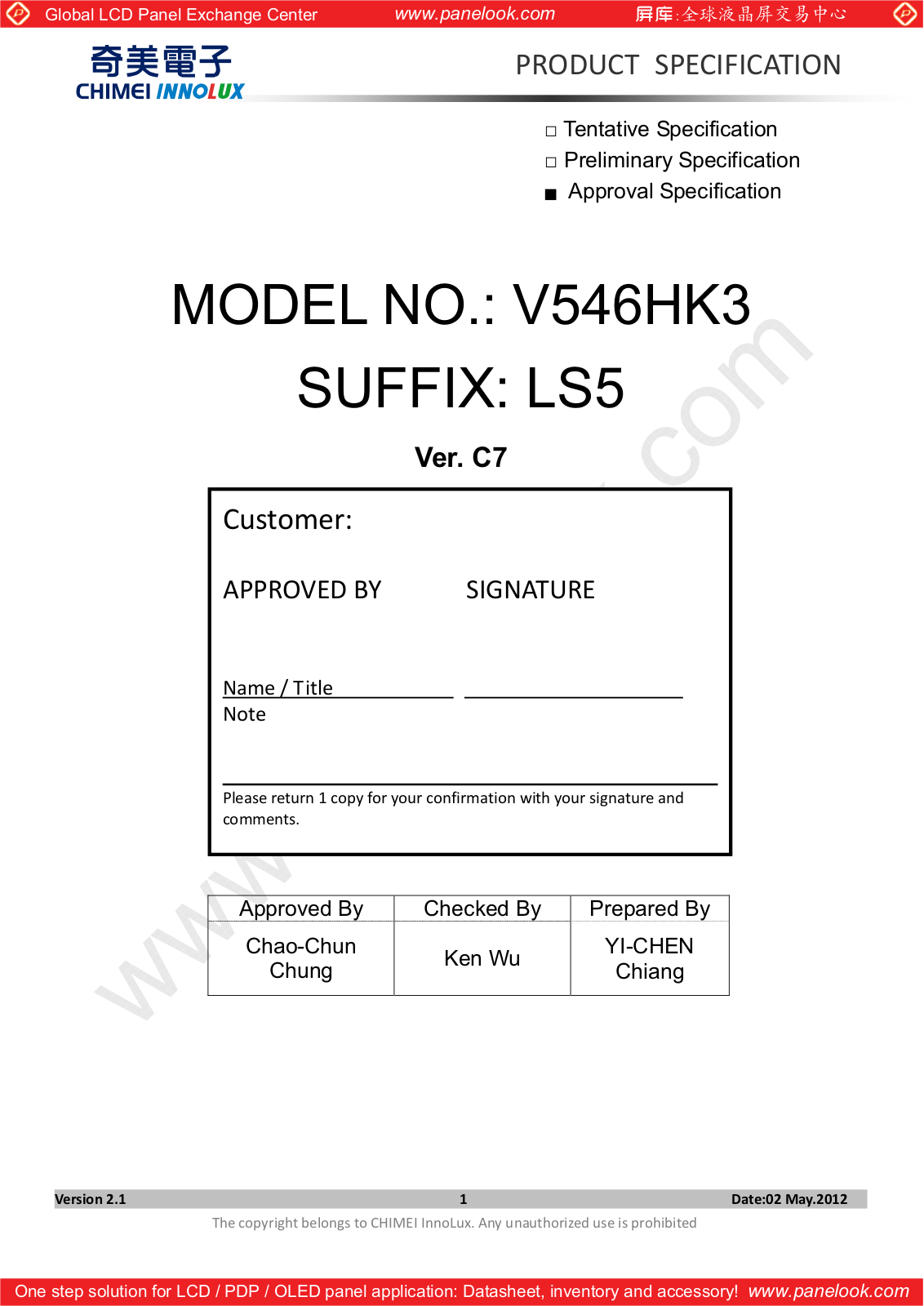 CHIMEI INNOLUX V546HK3-LS5 Specification