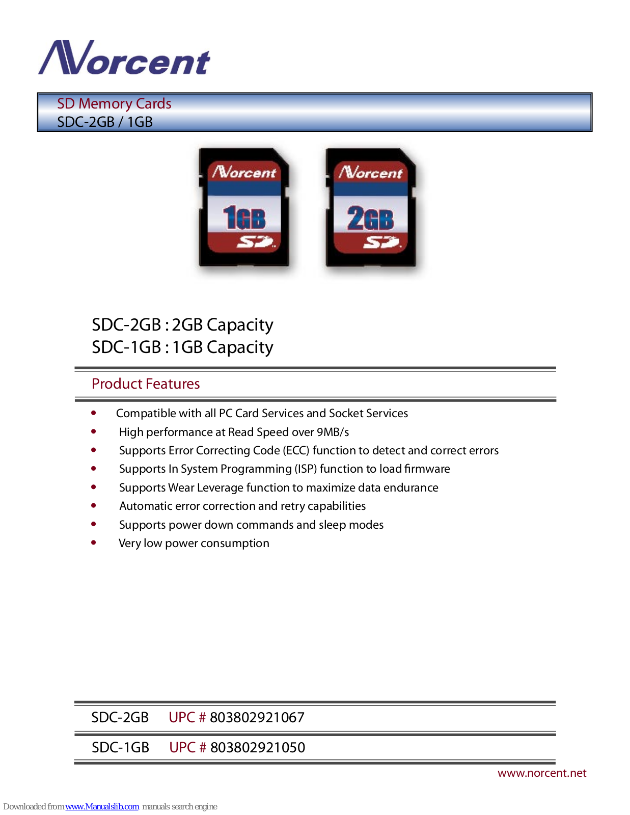 Norcent SD Memory Cards SDC-2GB / 1GB, SDC-2GB, SDC-1GB Specification Sheet