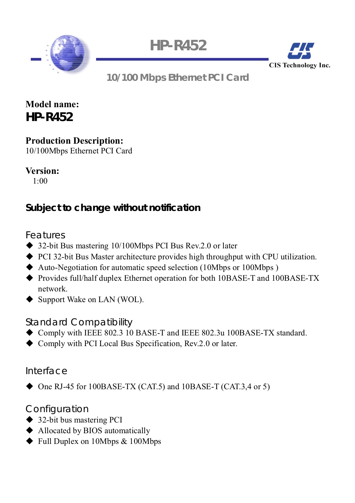 Cis technology HP-R452 Specifications - ManualMachine.com