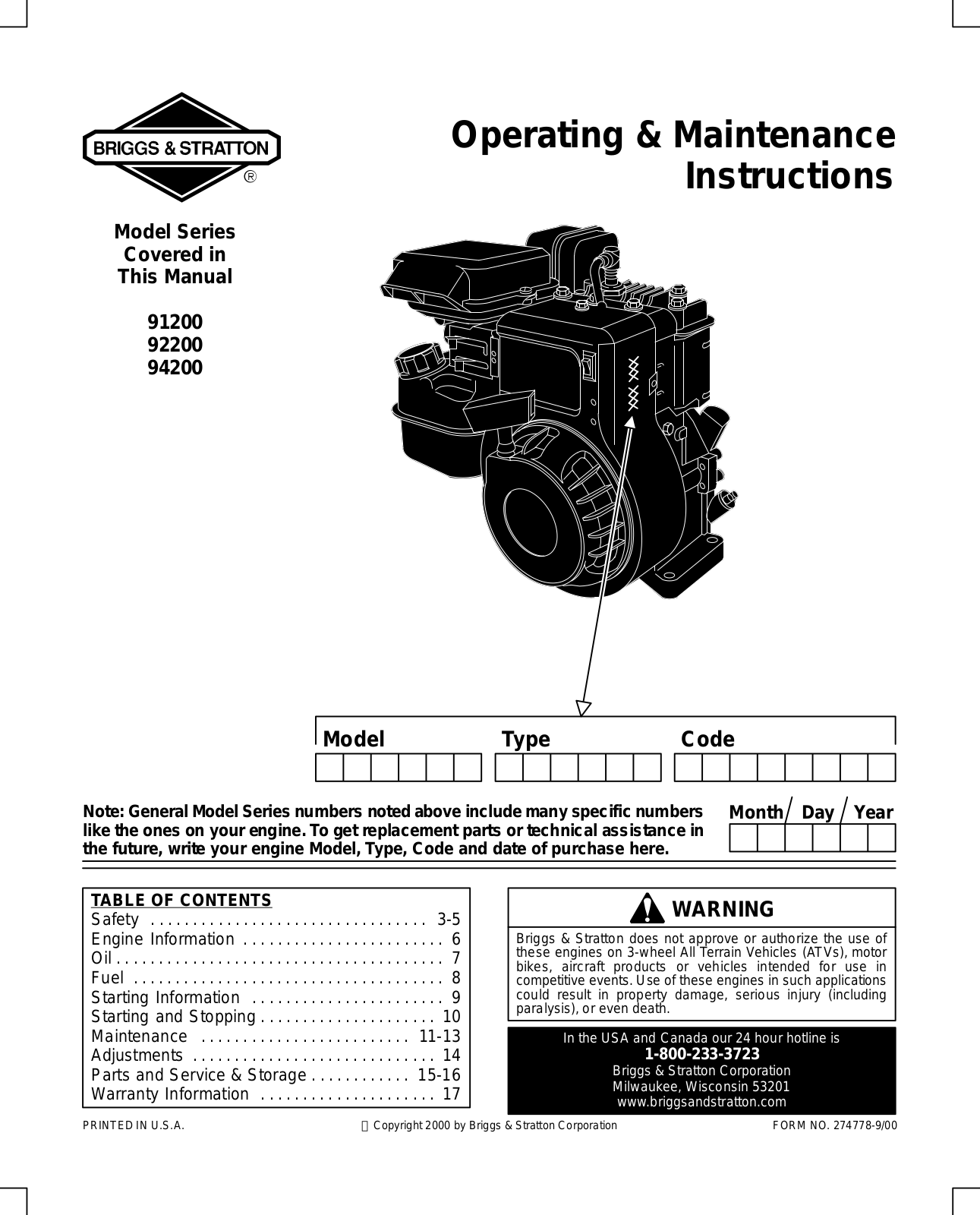 Briggs & Stratton 91200, 92200, 94200 User Manual