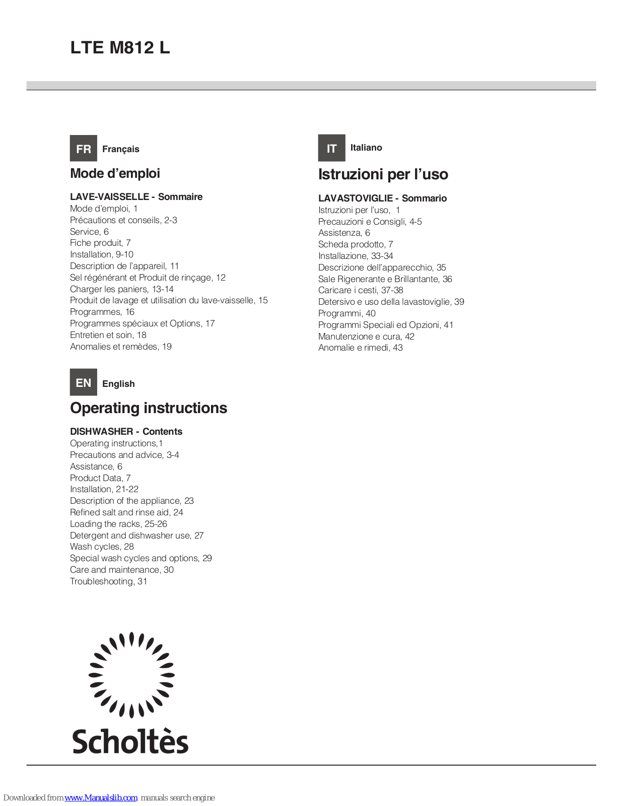 SCHOLTES LTE M812 L,LTE H131 7,LTE S121 OL Operating Instructions Manual