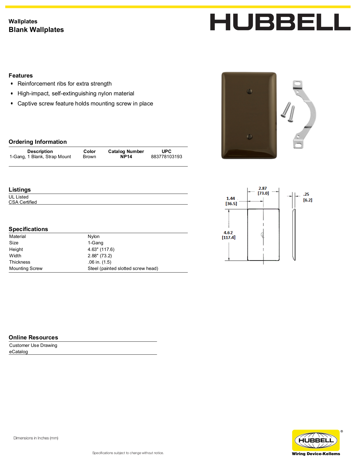 Hubbell NP14 Specifications