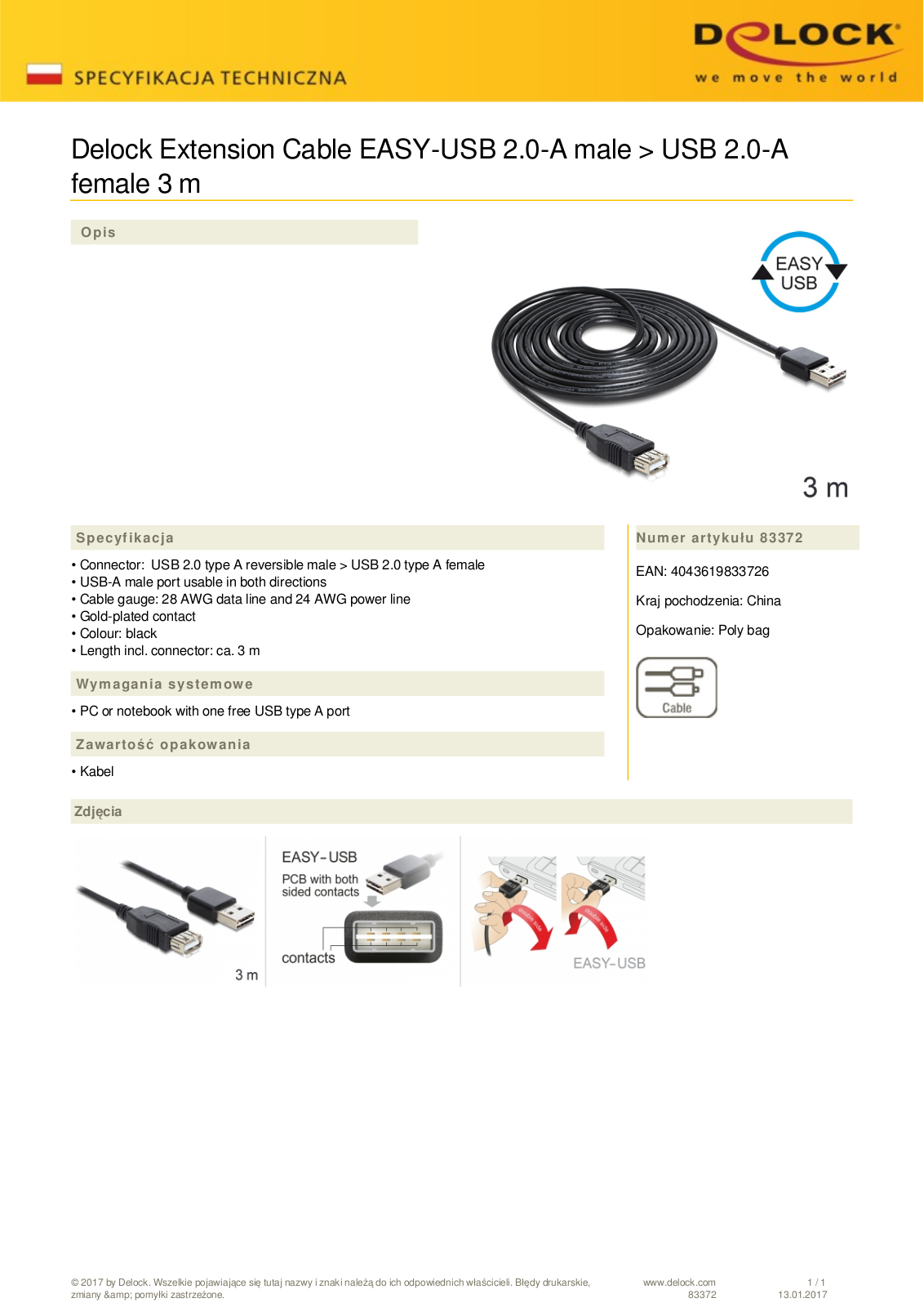 DeLOCK EASY-USB 2.0 extension cable, USB-A  plug  to USB-A  socket , 3m User Manual - ManualMachine.com