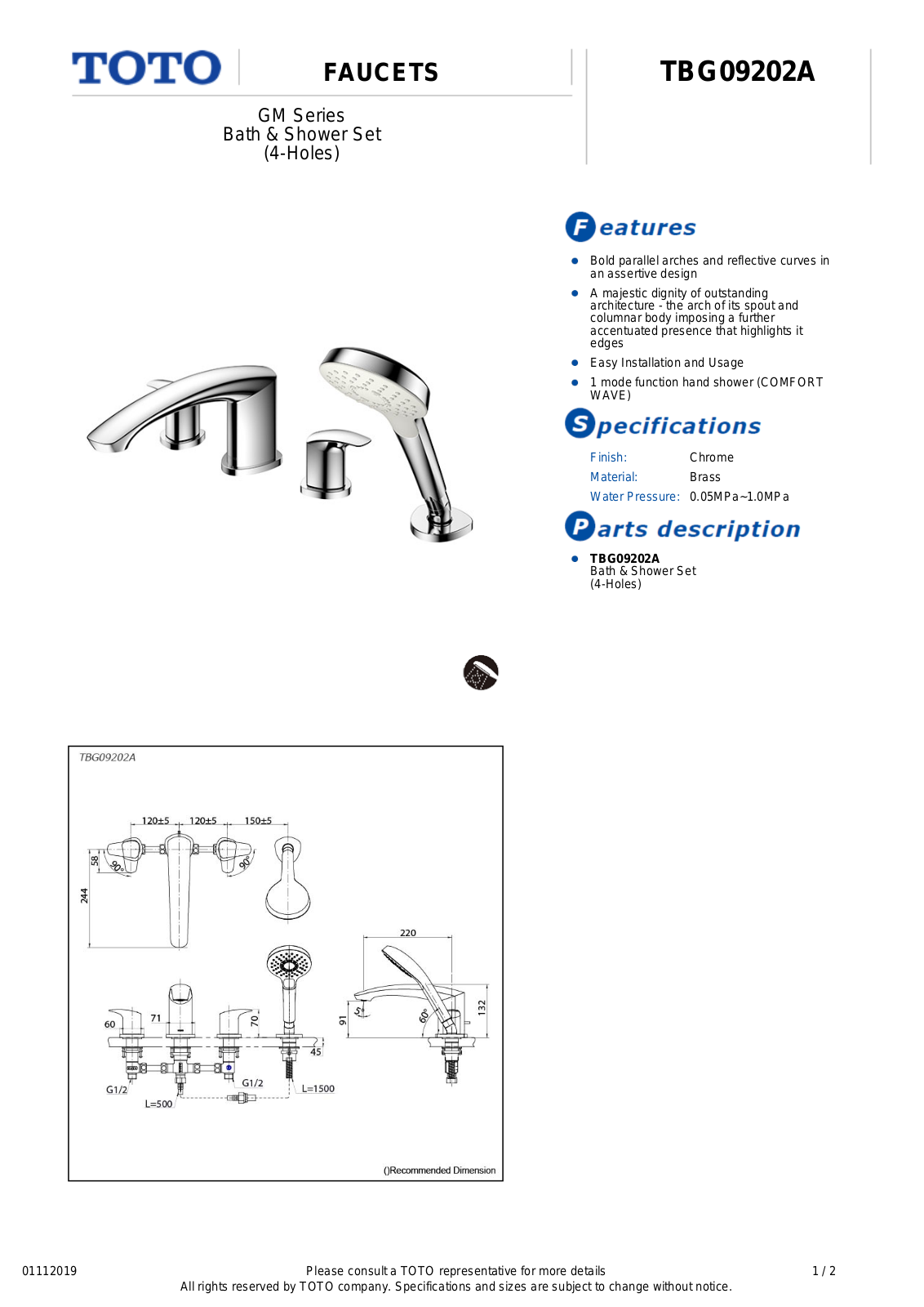 TOTO TBG09202A Product information