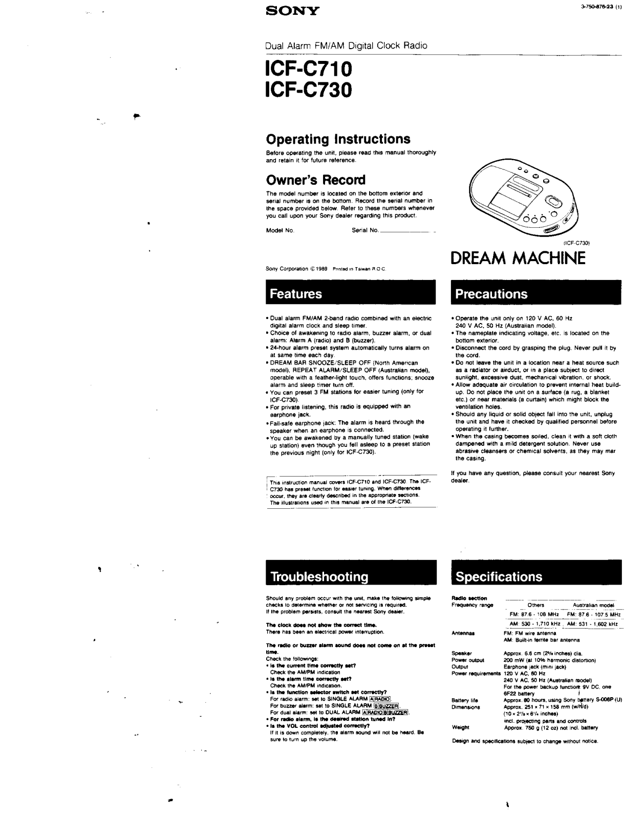 Sony ICF-C710, ICF-C730 Operating Instructions
