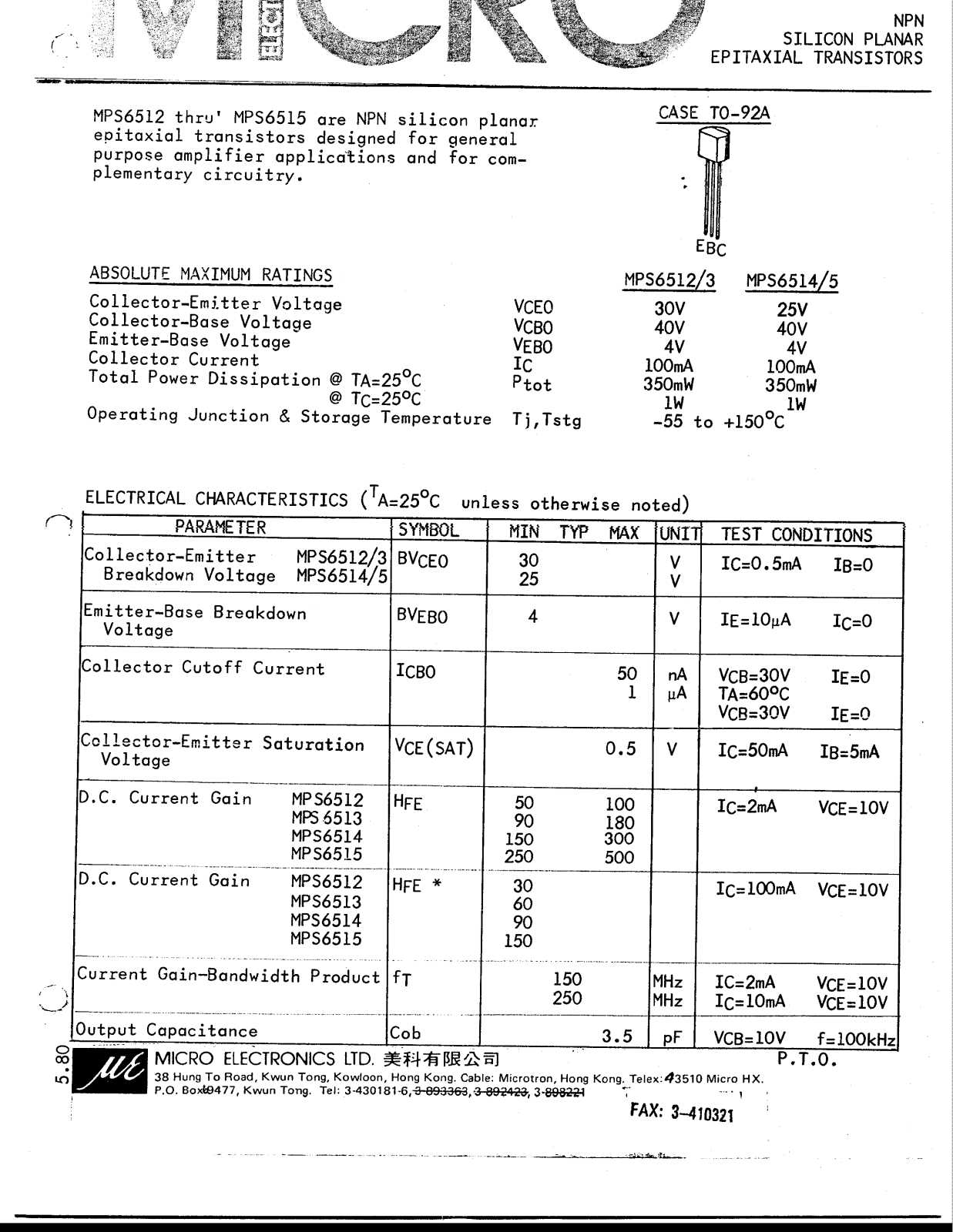 MICRO MPS6513, MPS6514, MPS6512, MPS6515 Datasheet