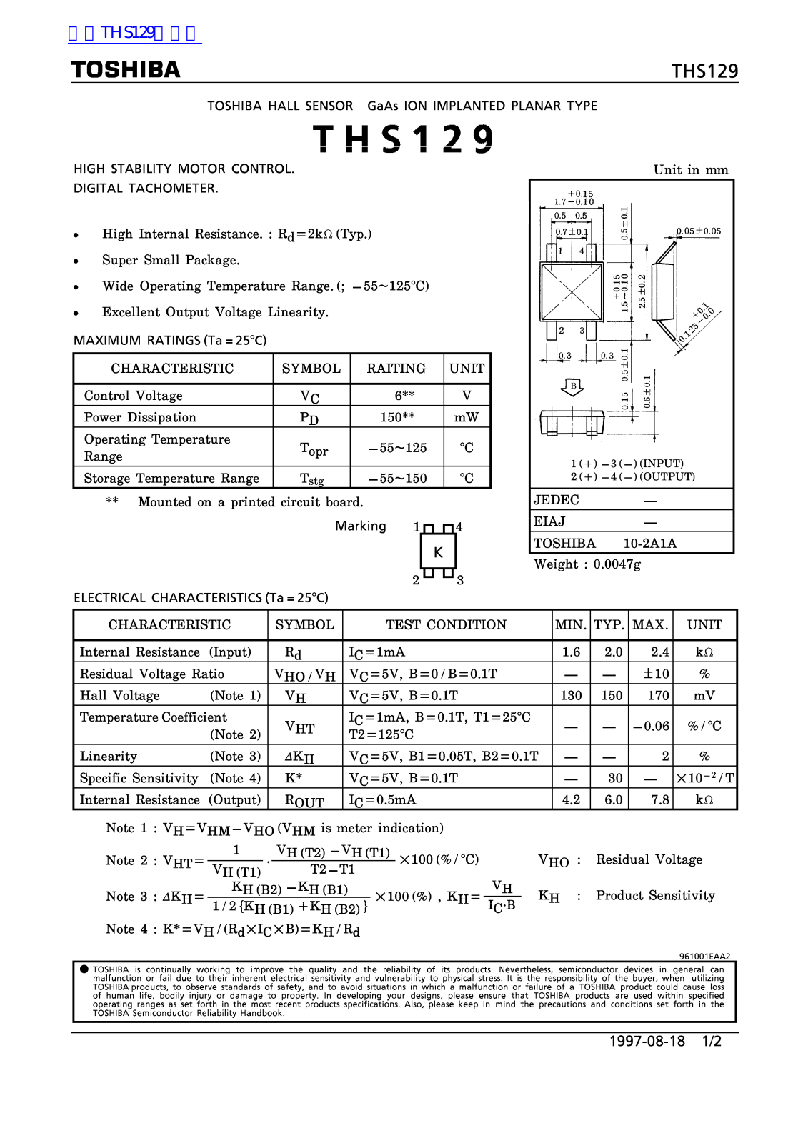 TOSHIBA HS129 Technical data