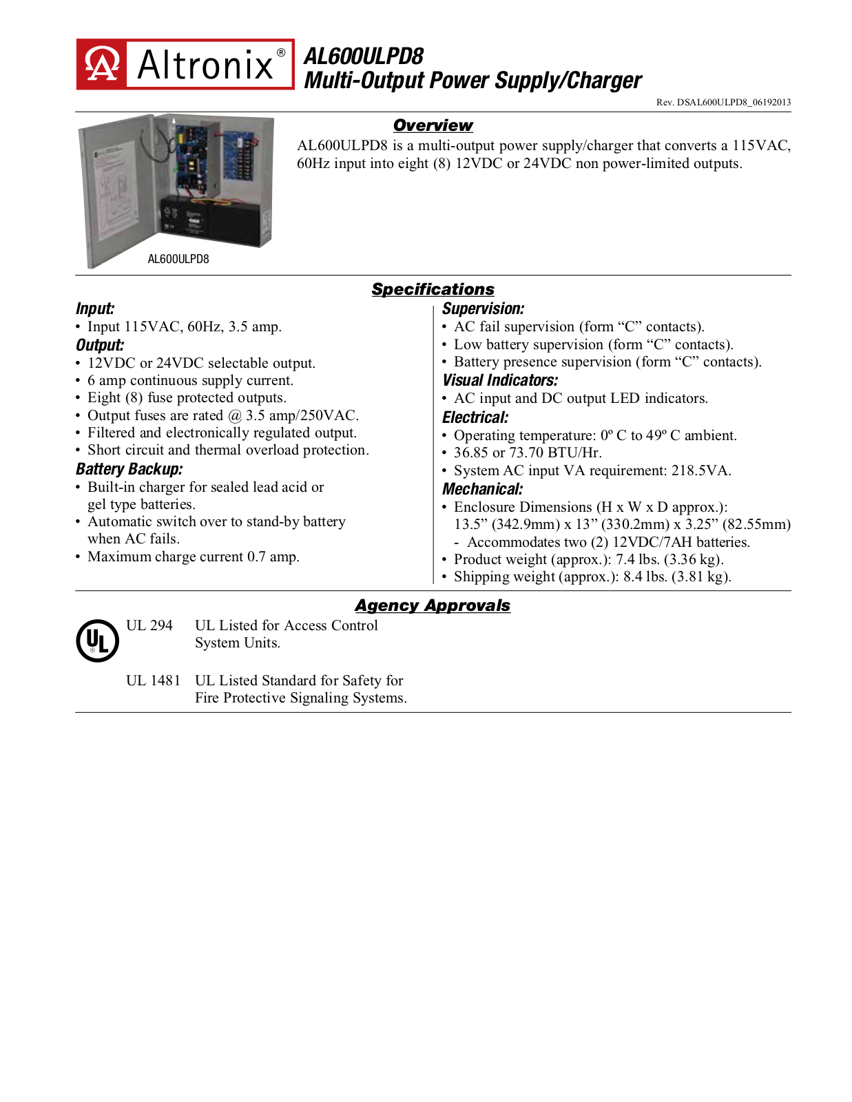 Altronix AL600ULPD8 Specsheet