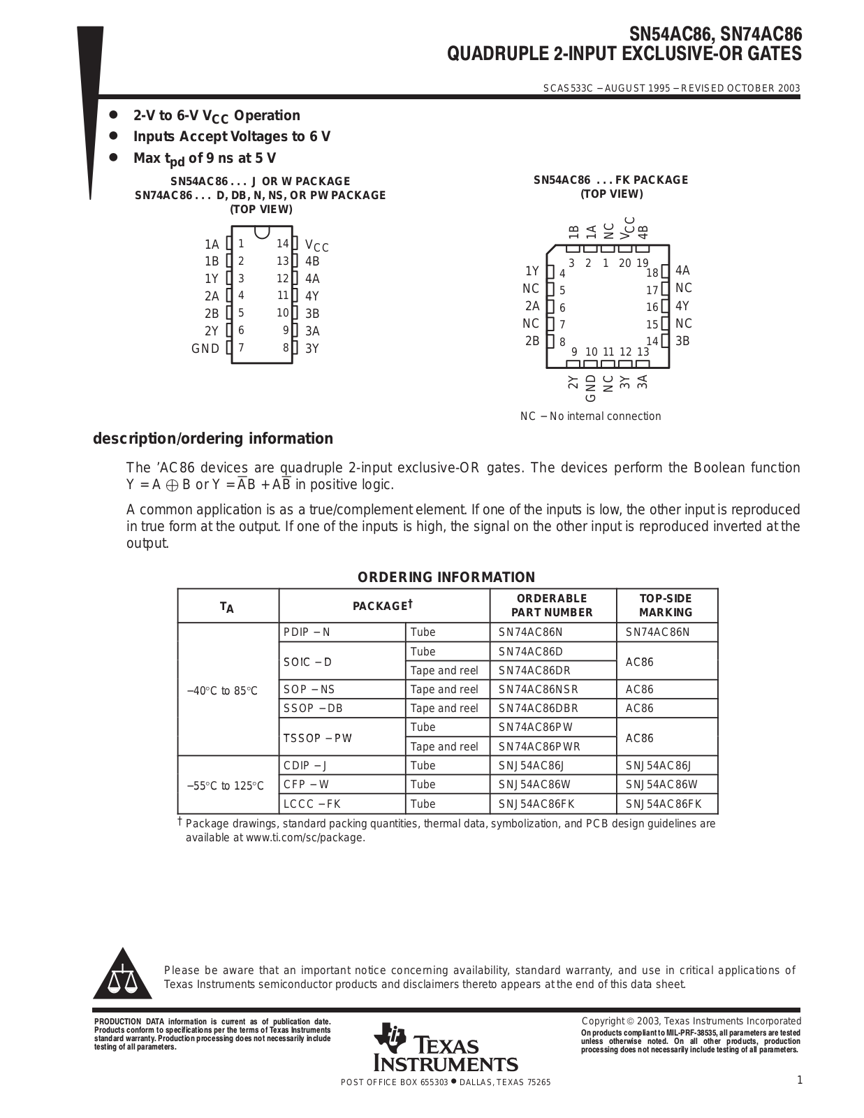 TEXAS INSTRUMENTS SN54AC86, SN74AC86 Technical data