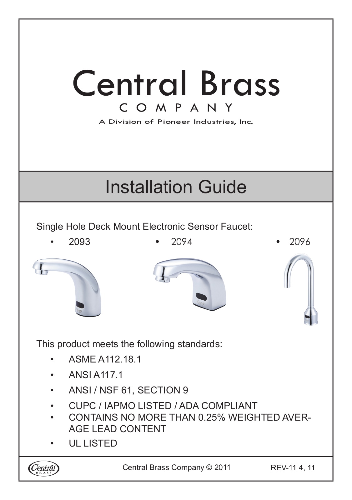 CENTRAL BRASS 2094 Installation  Manual