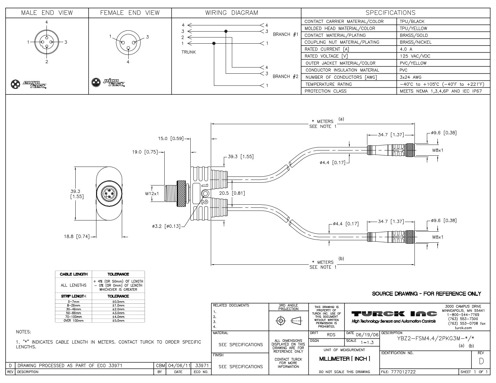 Turck YBZ2-FSM4.4/2PKG3M-0.50.5 Specification Sheet